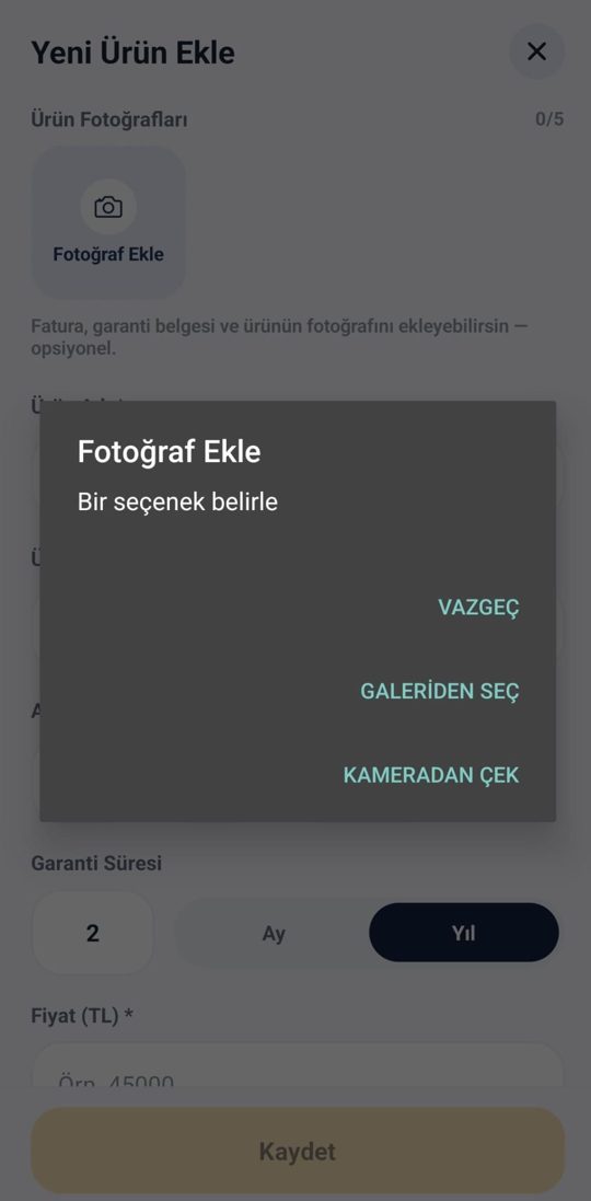 Fotoğraf Ekle seçenekleri: galeriden seç veya kameradan çek